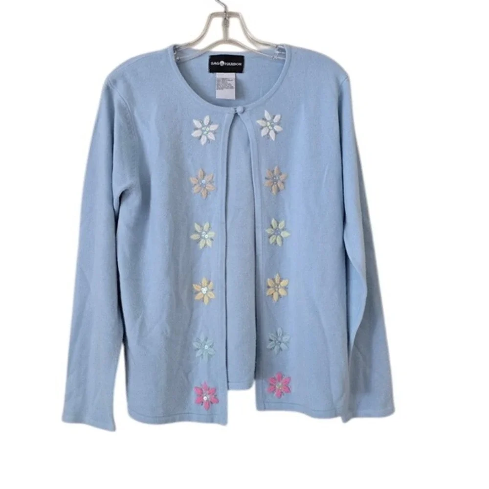 Sag Harbor Womens Blue Floral Embroidered Top Cardigan Size Small‎ cottagecore
